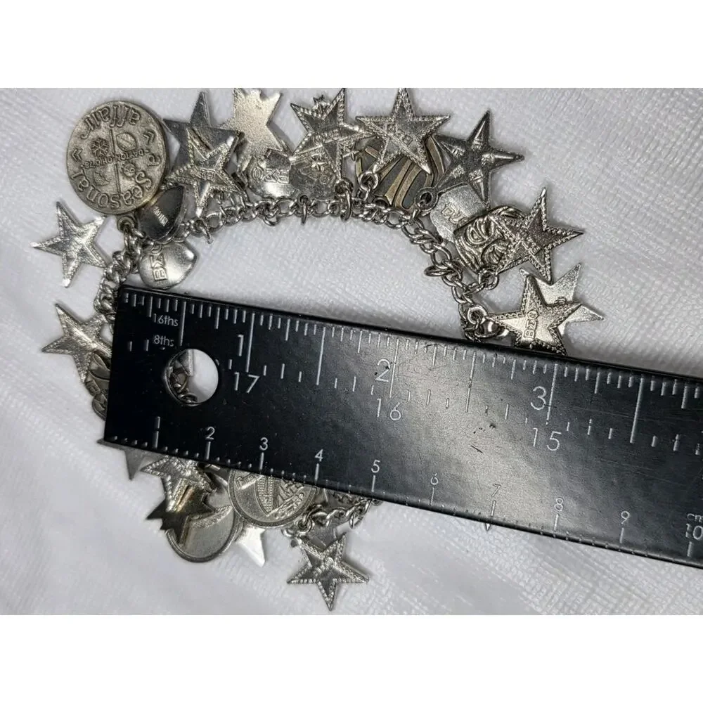 Vintage Beta Sigma Phi Sorority Charm Bracelet Silver Tone Enamel Stars Rose